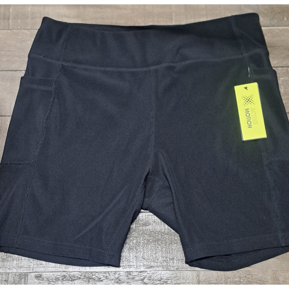 Active Motion Women's 1X Black Biker Shorts High Waist Ribbed NWT